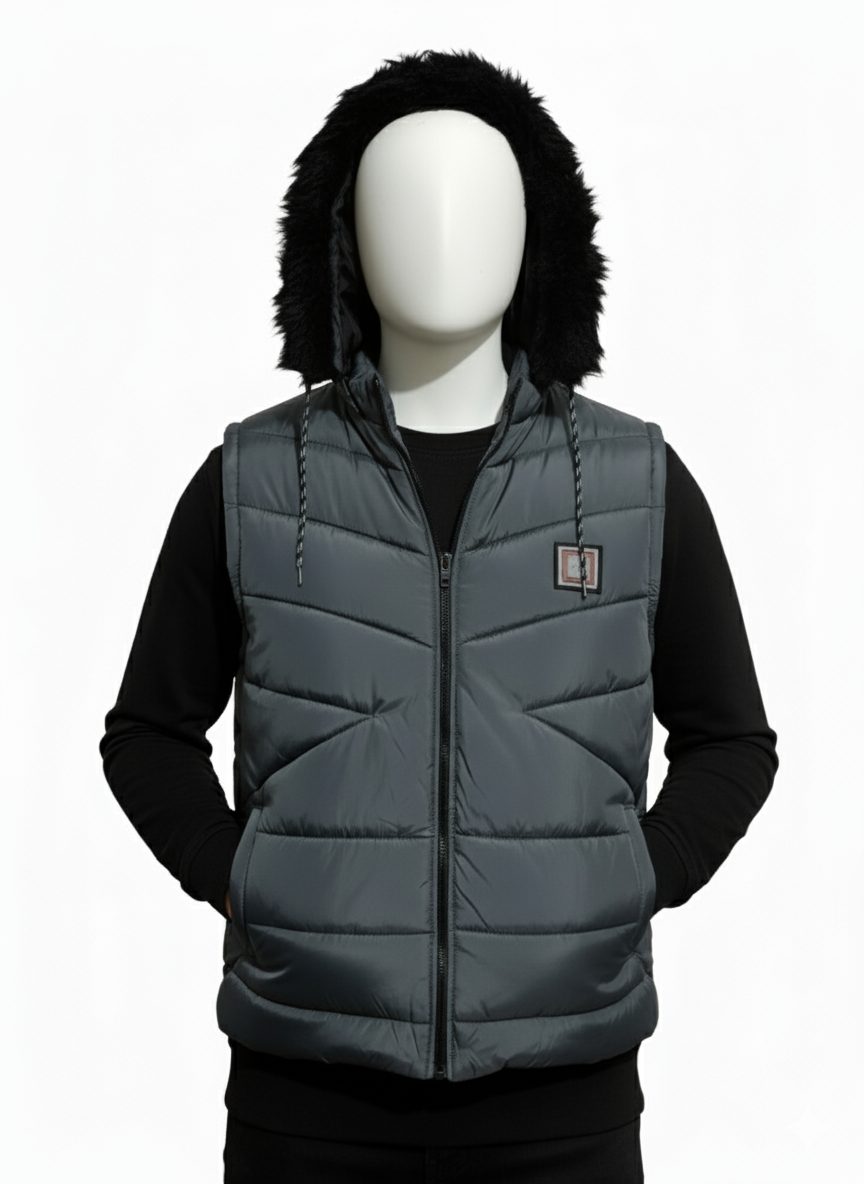 Men's Puffer Vest with Fur Hood(GREY)