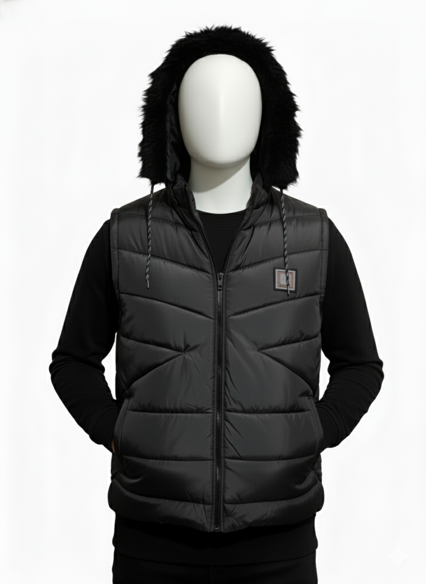 Men's Puffer Vest with Fur Hood(Black)