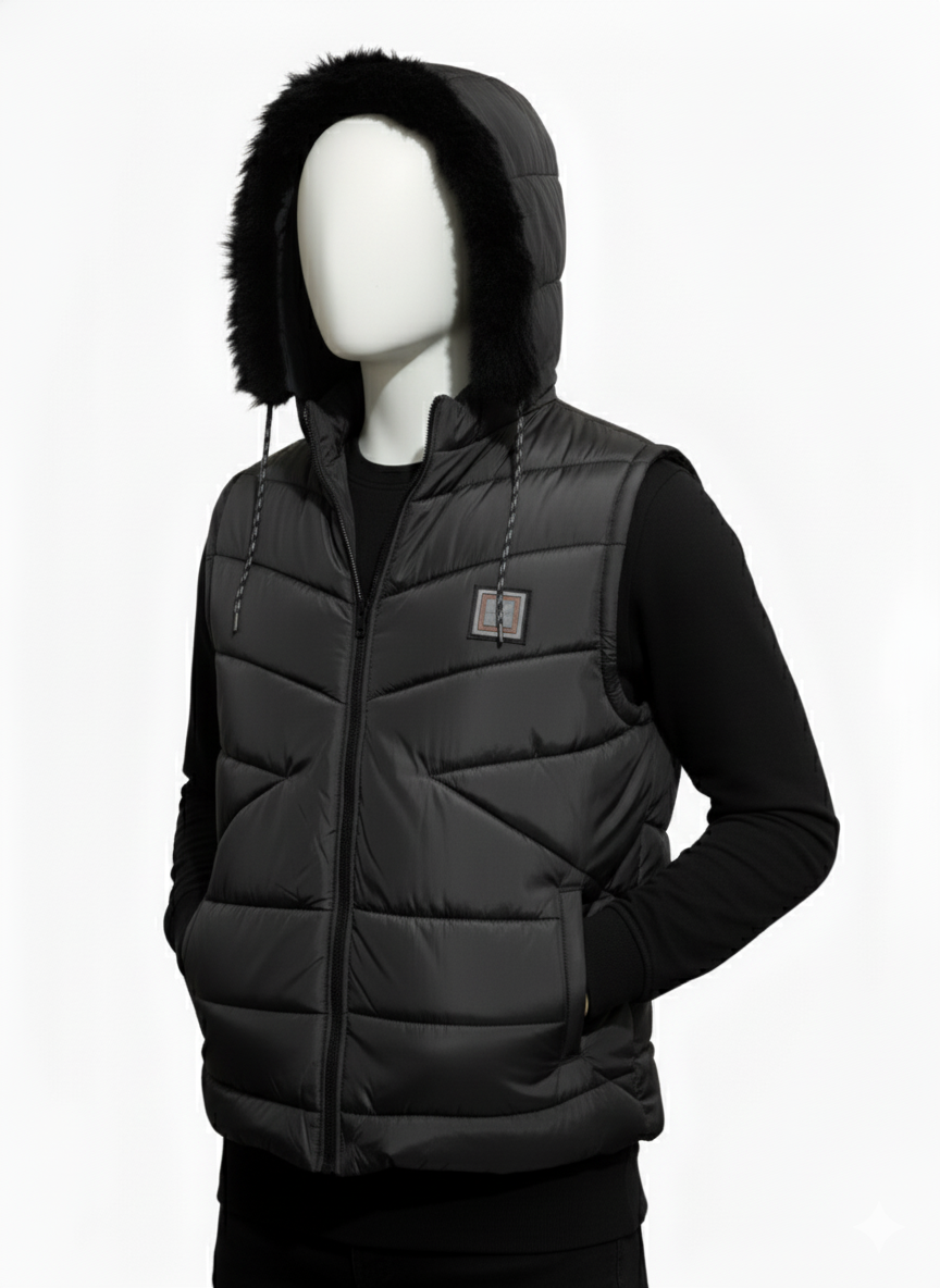 Men's Puffer Vest with Fur Hood(Black)