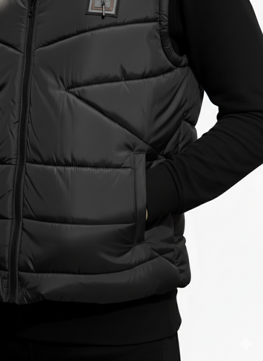 Men's Puffer Vest with Fur Hood(Black)