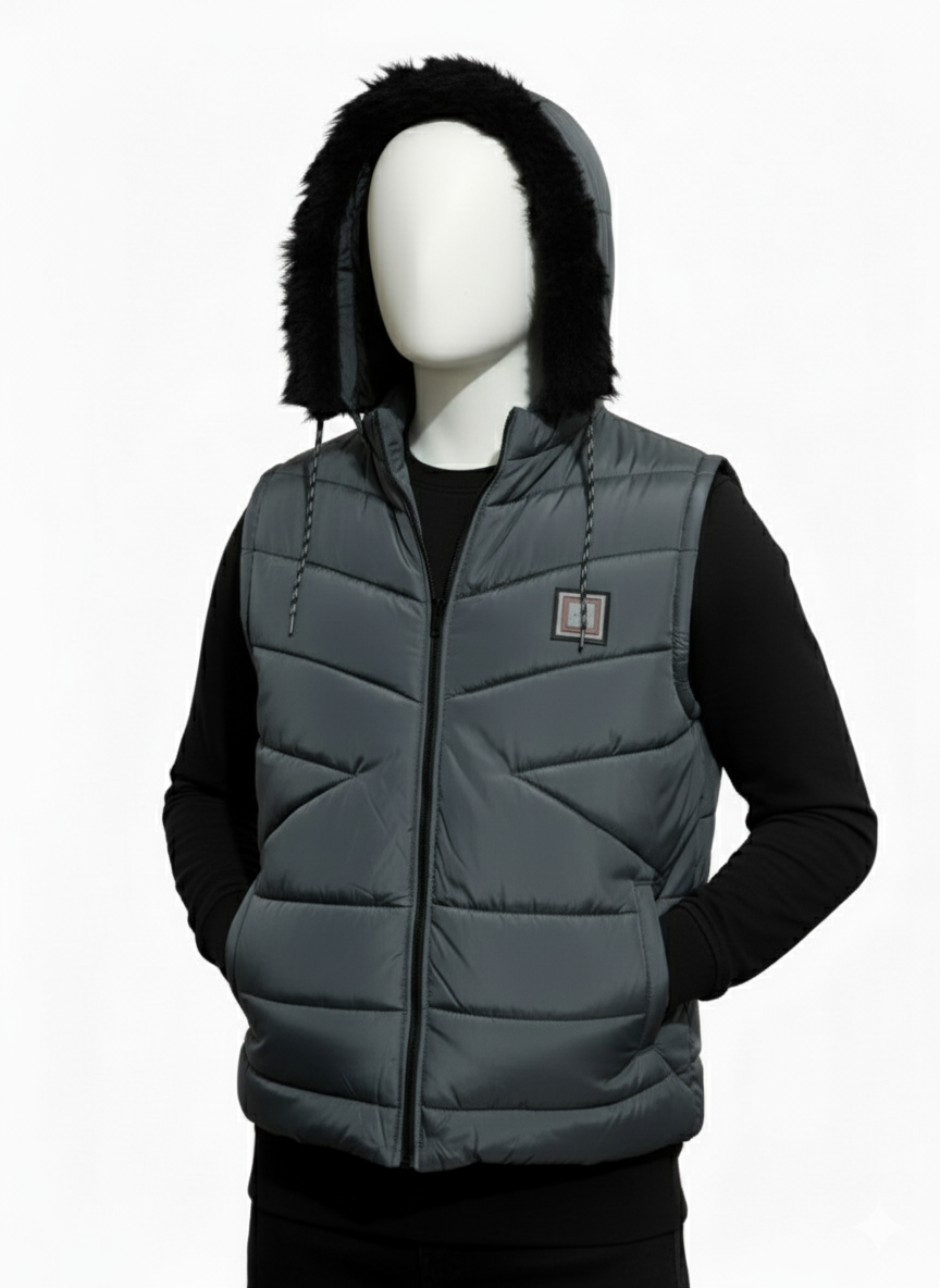 Men's Puffer Vest with Fur Hood(GREY)