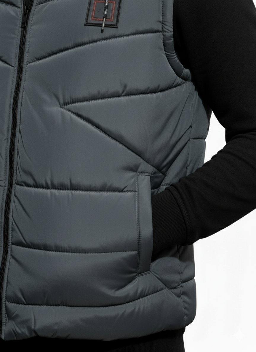 Men's Puffer Vest with Fur Hood(GREY)