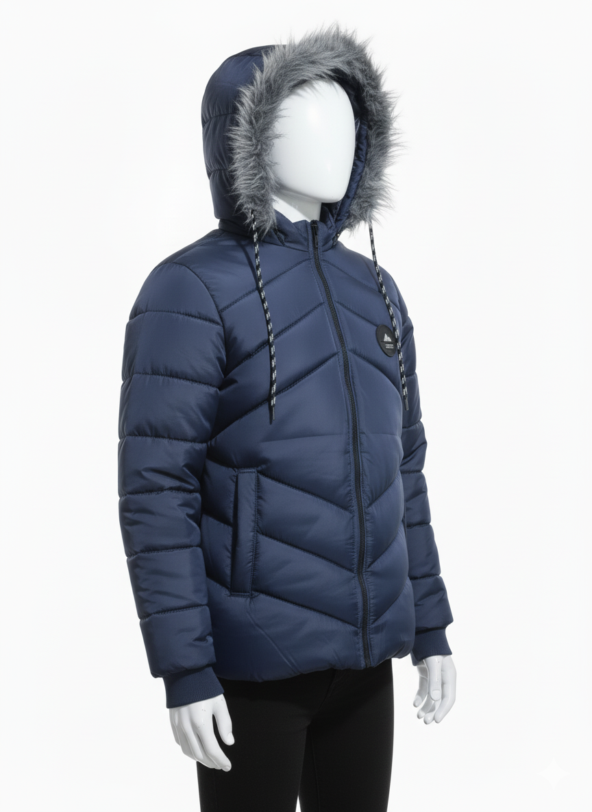 Men's Puffer Vest with Fur Hood and interior(Navy blue)