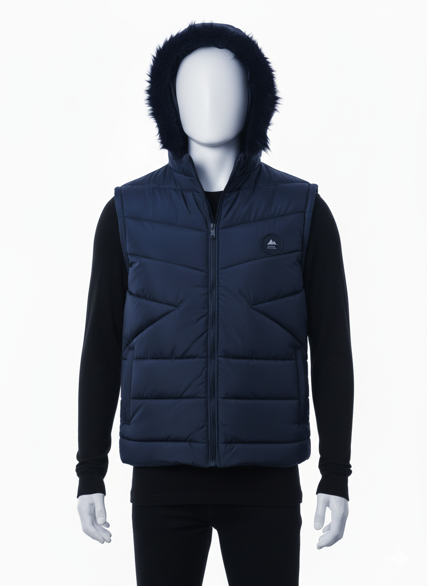 Men's Puffer Vest with Fur Hood(NAVY BLUE)