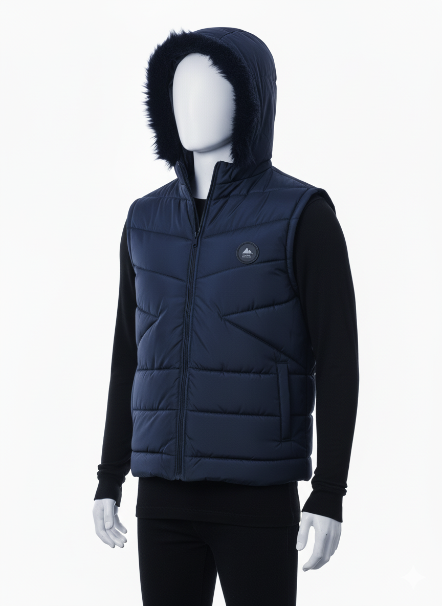 Men's Puffer Vest with Fur Hood(NAVY BLUE)