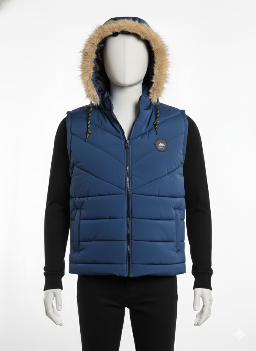 Men's Puffer Vest with Fur Hood(DARK BLUE)