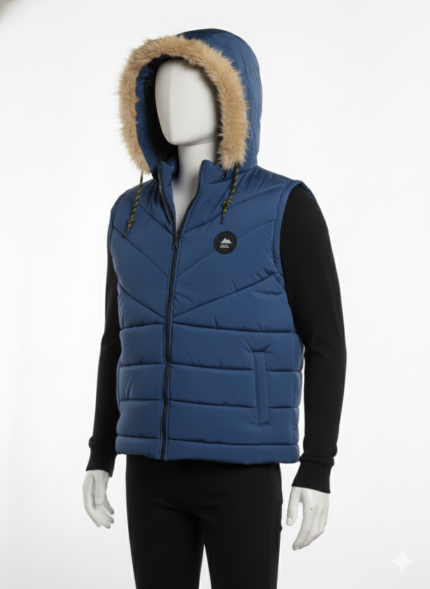 Men's Puffer Vest with Fur Hood(DARK BLUE)