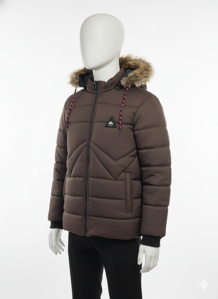 Men's Puffer Vest with Fur Hood and interior(Dark Brown)