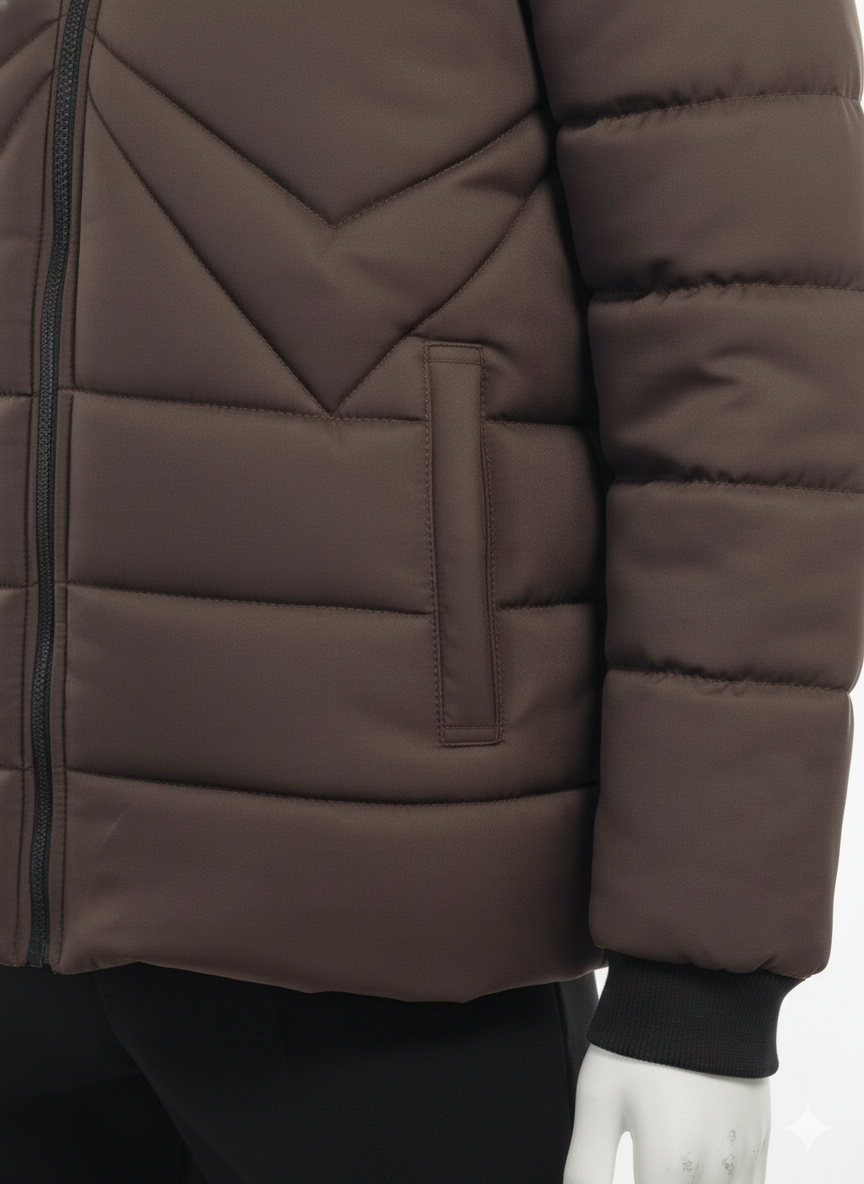 Men's Puffer Vest with Fur Hood and interior(Dark Brown)