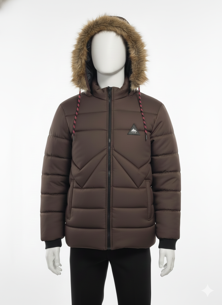 Men's Puffer Vest with Fur Hood and interior(Dark Brown)