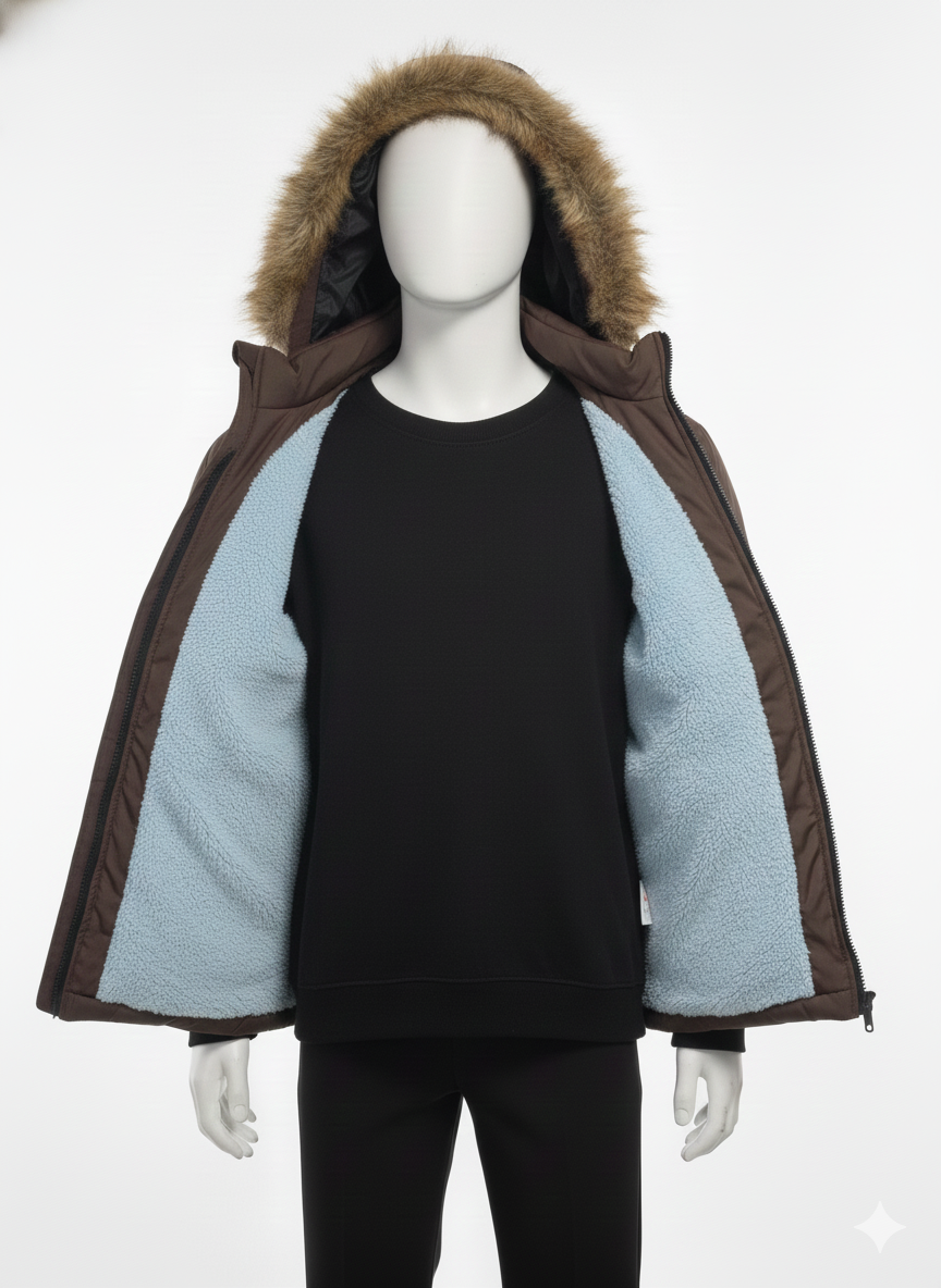 Men's Puffer Vest with Fur Hood and interior(Dark Brown)