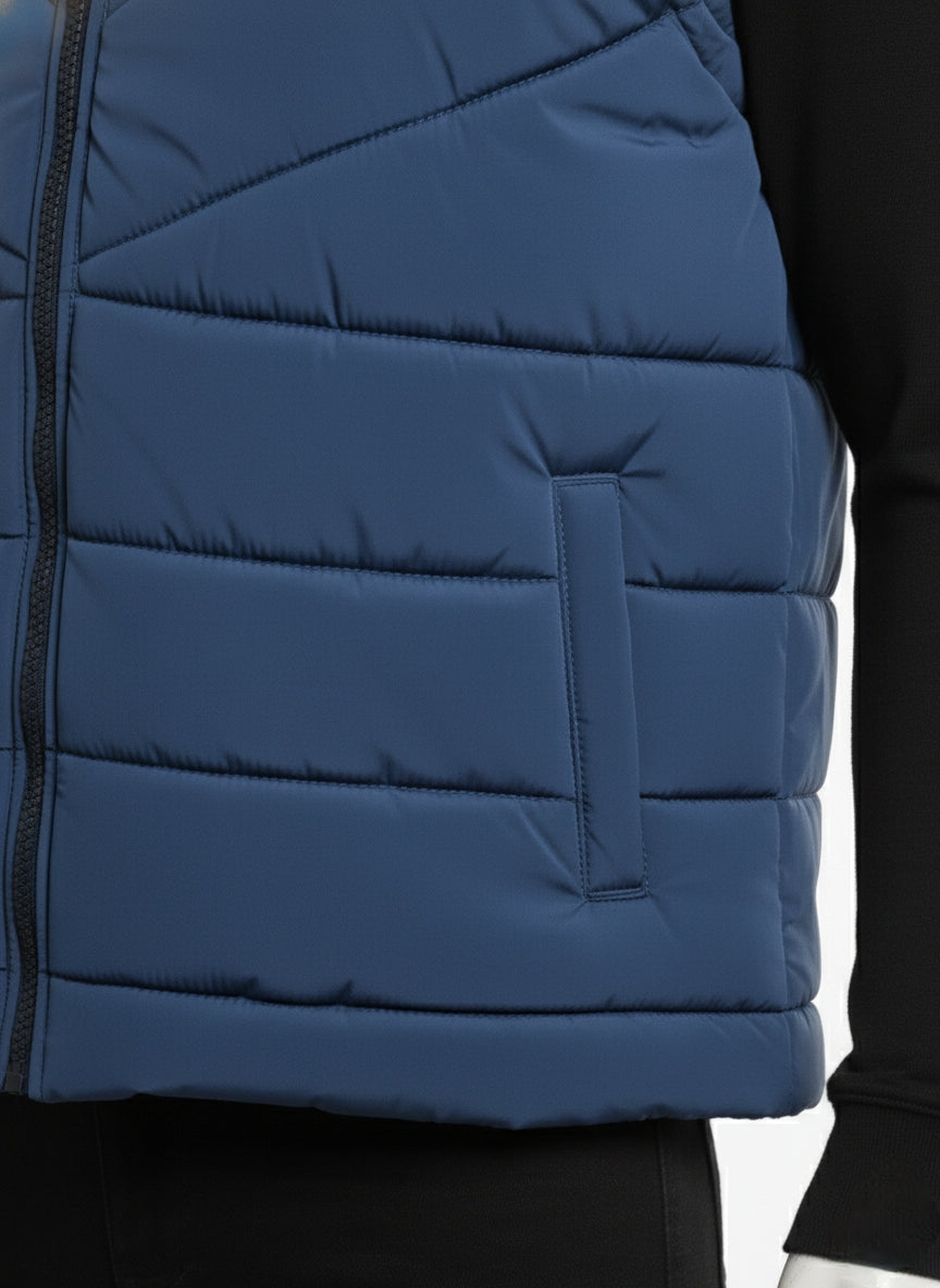 Men's Puffer Vest with Fur Hood(DARK BLUE)