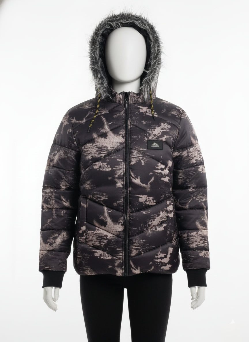 Black and White abstract Print puffer Jacket with fur inside