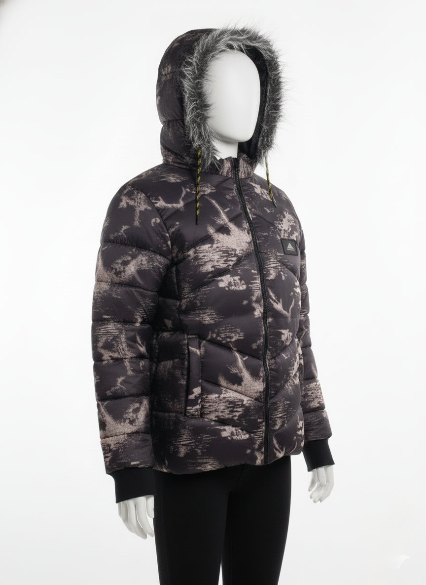 Black and White abstract Print puffer Jacket with fur inside
