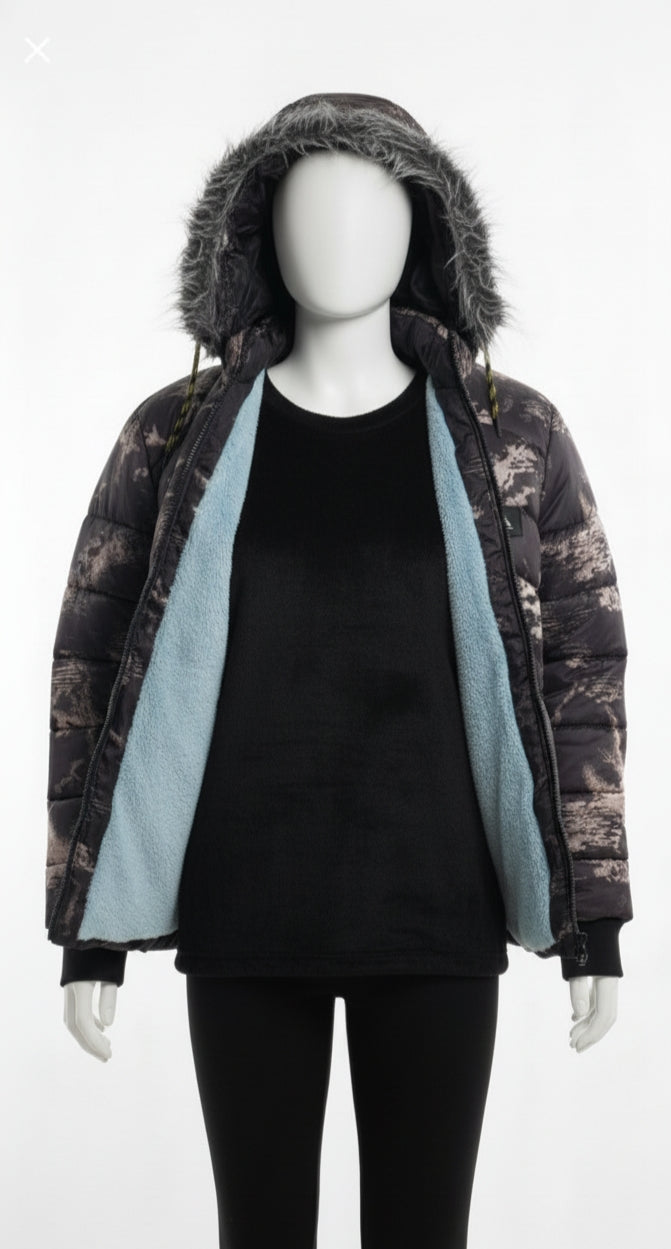 Black and White abstract Print puffer Jacket with fur inside